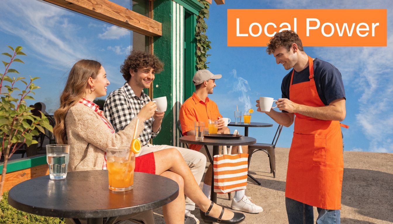 A friendly waiter in an orange apron serves coffee to customers sitting at an outdoor patio cafe.
