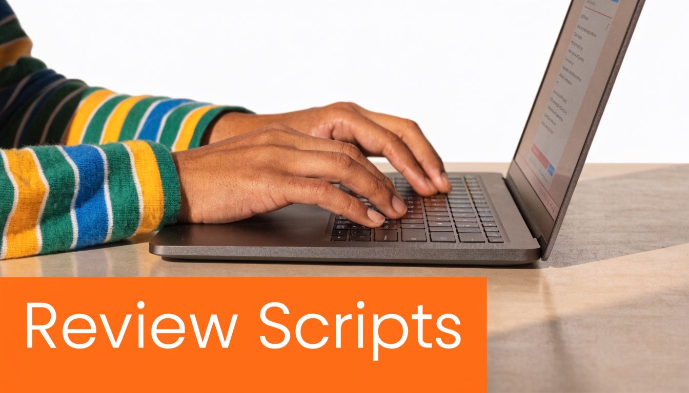 A close up view of a person typing on a laptop with an orange Review Scripts banner overlay.