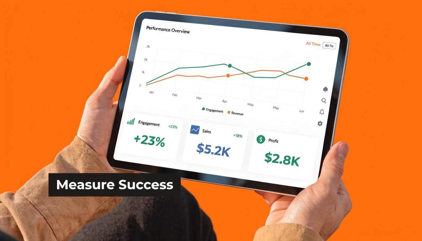 A person holding a tablet displaying a business performance dashboard with engagement, sales, and profit statistics.